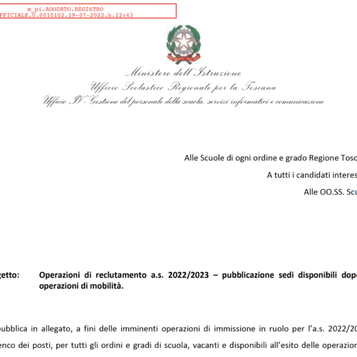 Si pubblica la nota AOODRTO.10102/2022 relativa all’oggetto e le sedi disponibili.