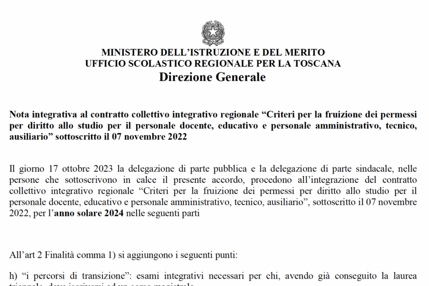 Nota integrativa al contratto collettivo integrativo regionale “Criteri per  la fruizione dei permessi per diritto allo studio per il personale docente,  educativo e personale amministrativo, tecnico, ausiliario” sottoscritto il  07 novembre 2022 